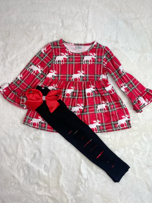 (Custom Design Preorder MOQ 5) Deer Red Plaid Tunic Top Black Pants Girls Christmas Clothes Set