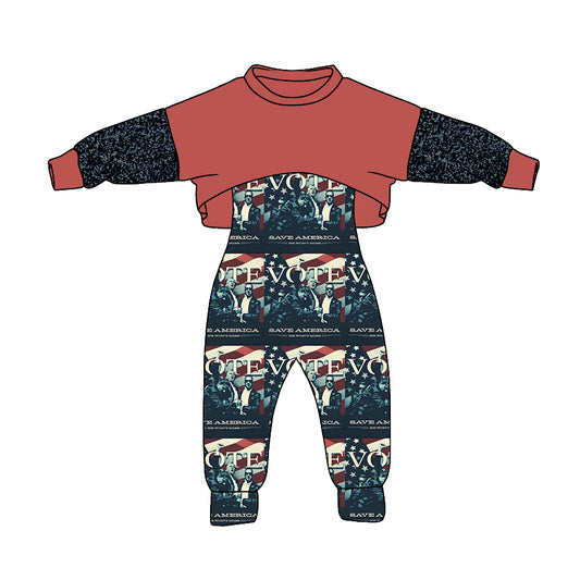 (Custom Design MOQ 5) Red Top Trump Jumpsuit Girls Halloween Clothes Set