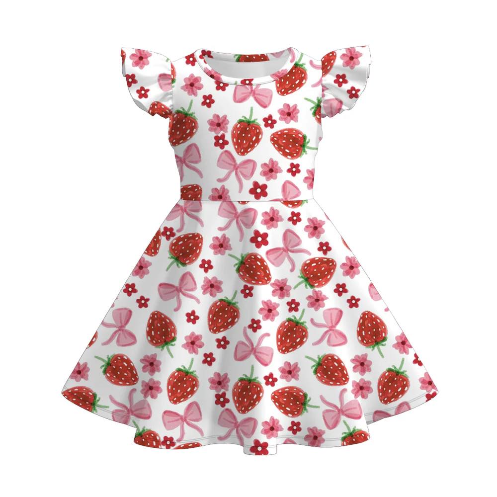 (Custom Design Preorder MOQ 5) Strawberry Bows Print Girls Summer Knee Length Dress