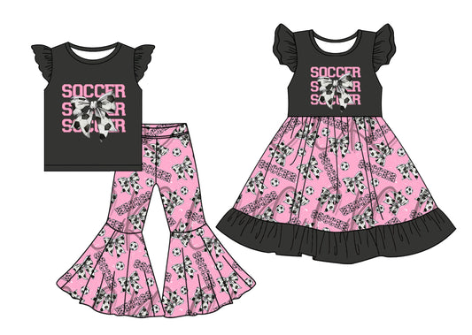 5.2(Custom Design Preorder MOQ 5 Each Design) Soccer Bows Print Girls Matching Clothes Sisters Wear