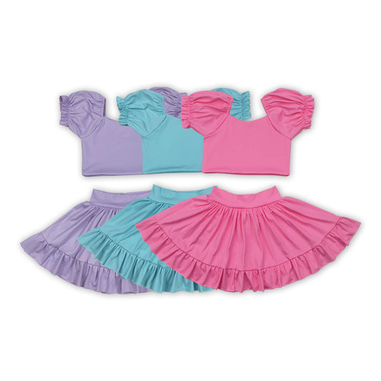 3  Colors Crop Top Ruffle Skirts Shorts Girls Summer Yoga Clothes Set Sisters Wear