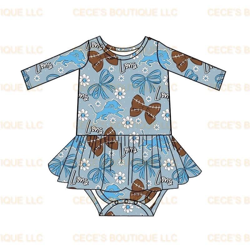 (Custom Design Preorder MOQ 5) Team's Lions Blue Print Baby Girls Romper