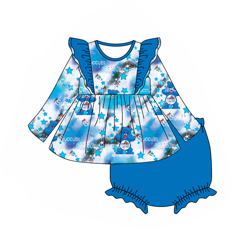 (Custom Design Preorder MOQ 5) Cartoon Bear Blue Print Baby Girls Fall Bummie Set