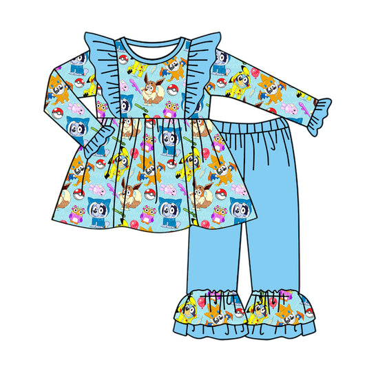 (Custom Design Preorder MOQ 5) Cartoon Animals Tunic Top Blue Pants Girls Fall Clothes Set