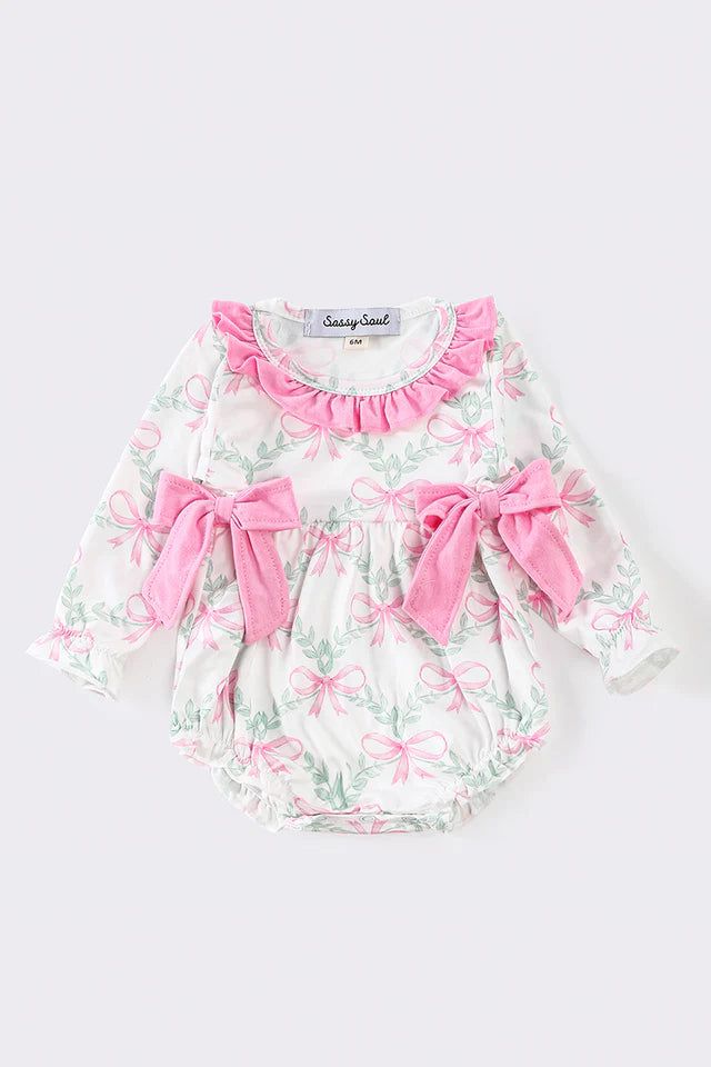 (Custom Design Preorder MOQ 5)  Pink Bows Print Baby Girls Romper