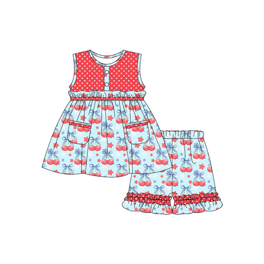 2.27(Custom Design Preorder MOQ 5) Cherry Bows Stars Tunic Top Ruffle Shorts Girls 4th of July Clothes Set
