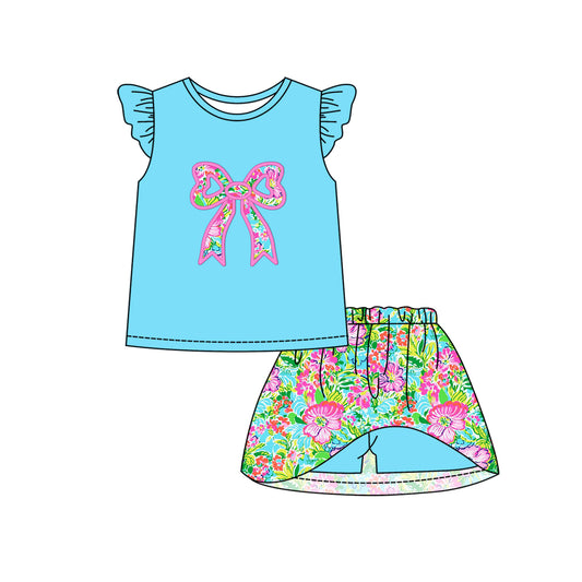 12.9(Custom Design Preorder MOQ 5) Bow Blue Print Flowers Skirts Shorts Girls Summer Clothes Set