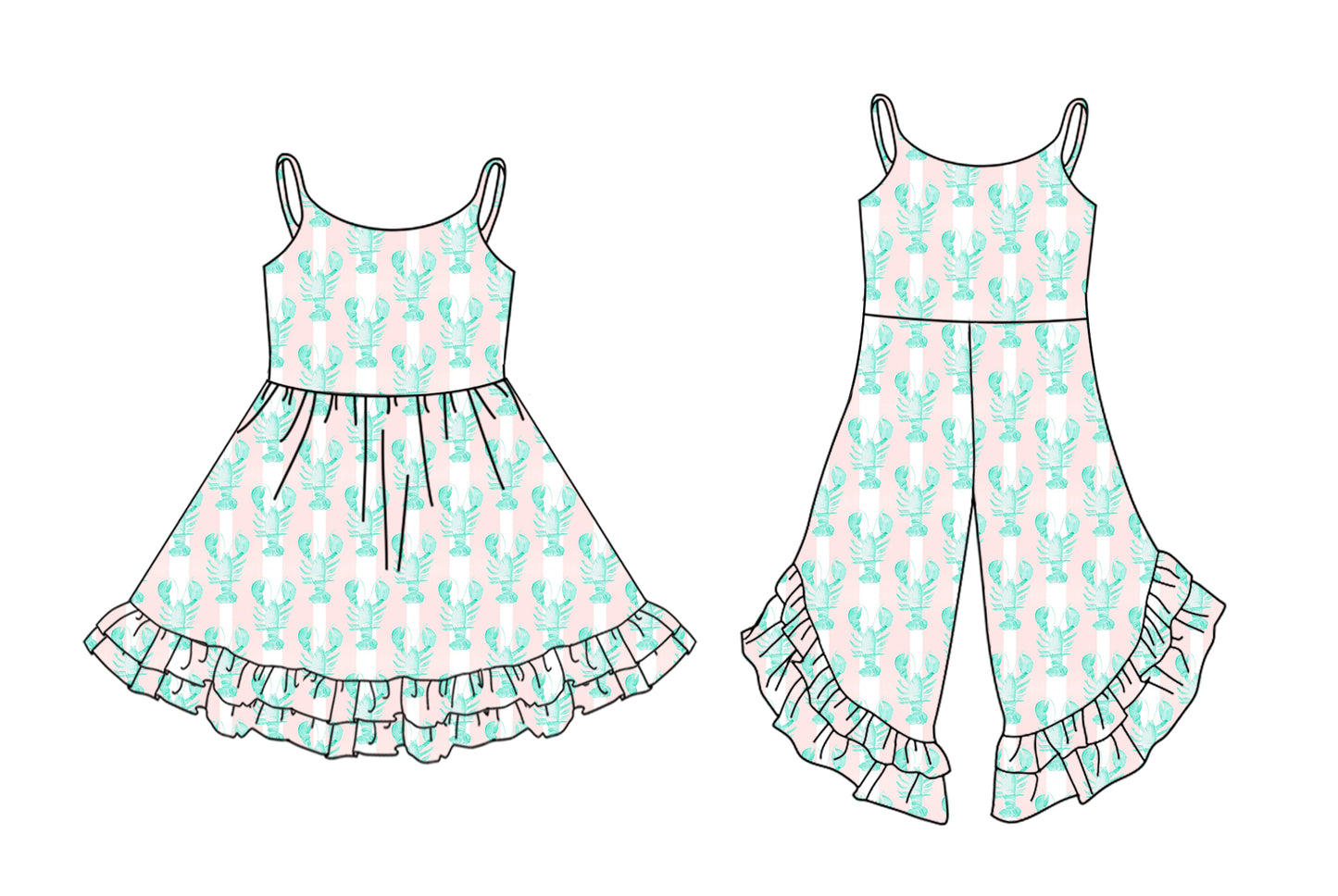 12.4 (Custom Design Preorder MOQ 5 Each Design) Crayfish Stripes Print Girls Summer Matching Clothes Sisters Wear