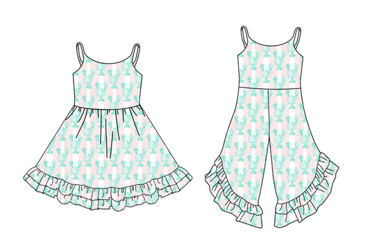 12.4 (Custom Design Preorder MOQ 5 Each Design) Crayfish Stripes Print Girls Summer Matching Clothes Sisters Wear