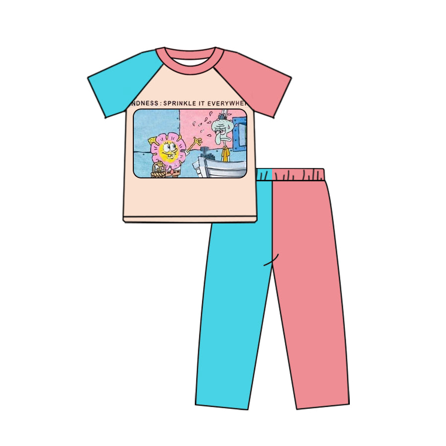 (Custom Design Preorder MOQ 5)  Cartoon Sponge Top Blue Pink Pants Kids Clothes Set