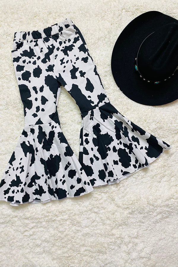 (Custom Design Preorder MOQ 5) Cowhide Print Girls Western Bell Bottom Pants