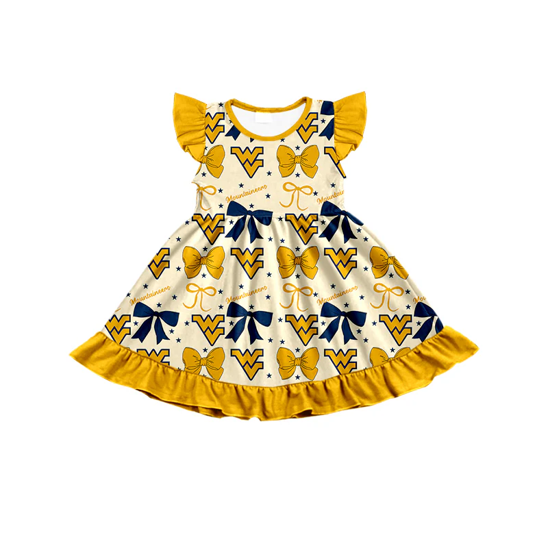 (Custom Design Preorder MOQ 5 )Team's Mountaineers Football Bows Print Girls Summer Knee Length Dress