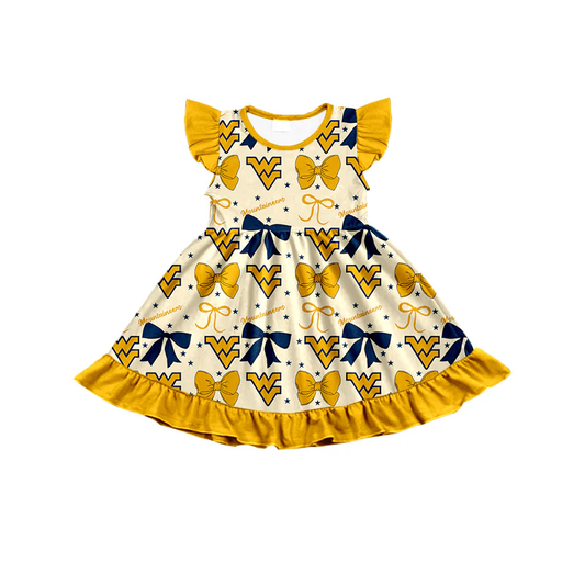 (Custom Design Preorder MOQ 5 )Team's Mountaineers Football Bows Print Girls Summer Knee Length Dress