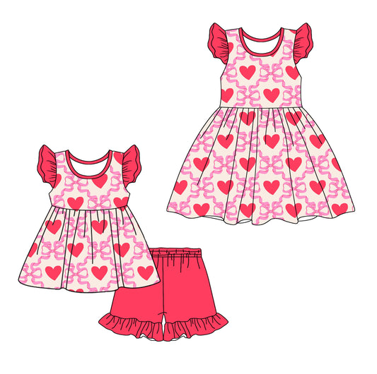 12.10(Custom Design Preorder MOQ 5 Each Design) Heart Bows Print Girls Valentine's Day Matching Clothes Sisters Wear