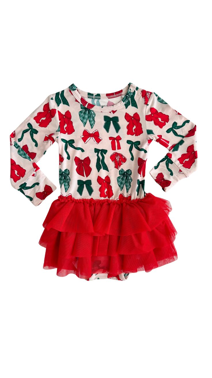 (Custom Design Preorder MOQ 5) Bows Print Baby Girls Christmas Tulle Romper