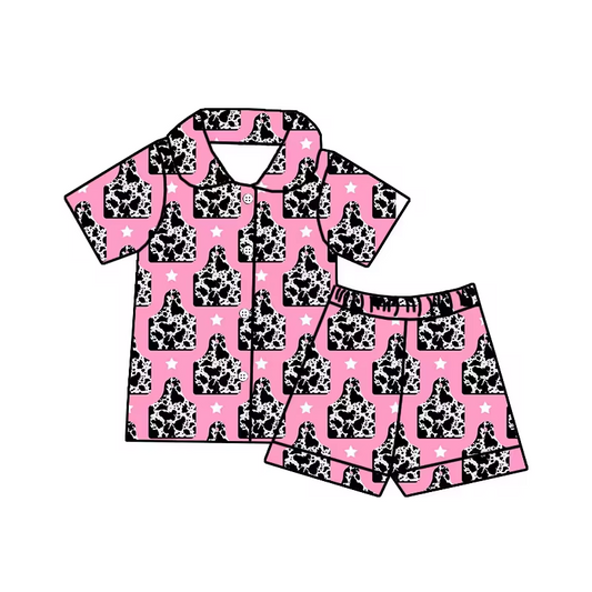 (Custom Design Preorder MOQ 5)  Cow Tag Print Girls Summer Pajamas Western Clothes Set