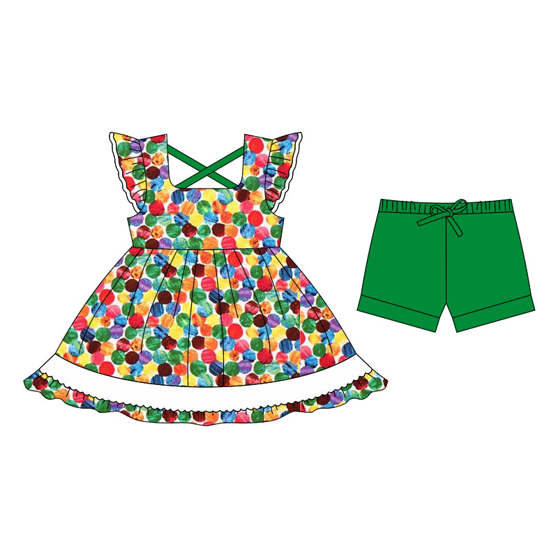 (Custom Design Preorder MOQ 5) Colorful Caterpillar Tunic Top Green Shorts Girls Summer Clothes Set