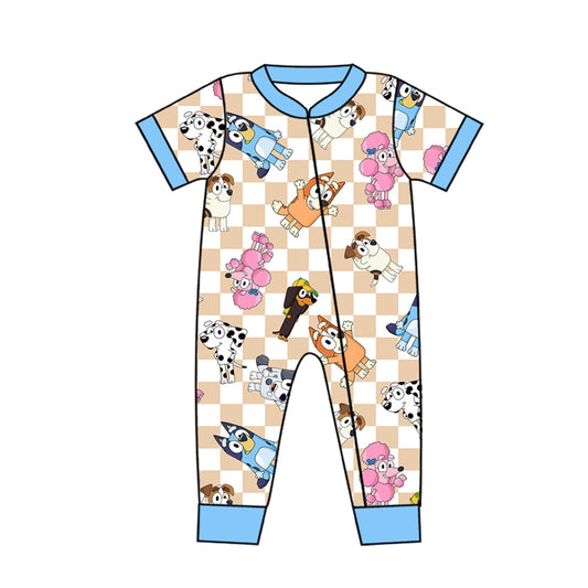 (Custom Design Preorder MOQ 5) Cartoon Dog Plaid Print Baby Boys Zipper Romper