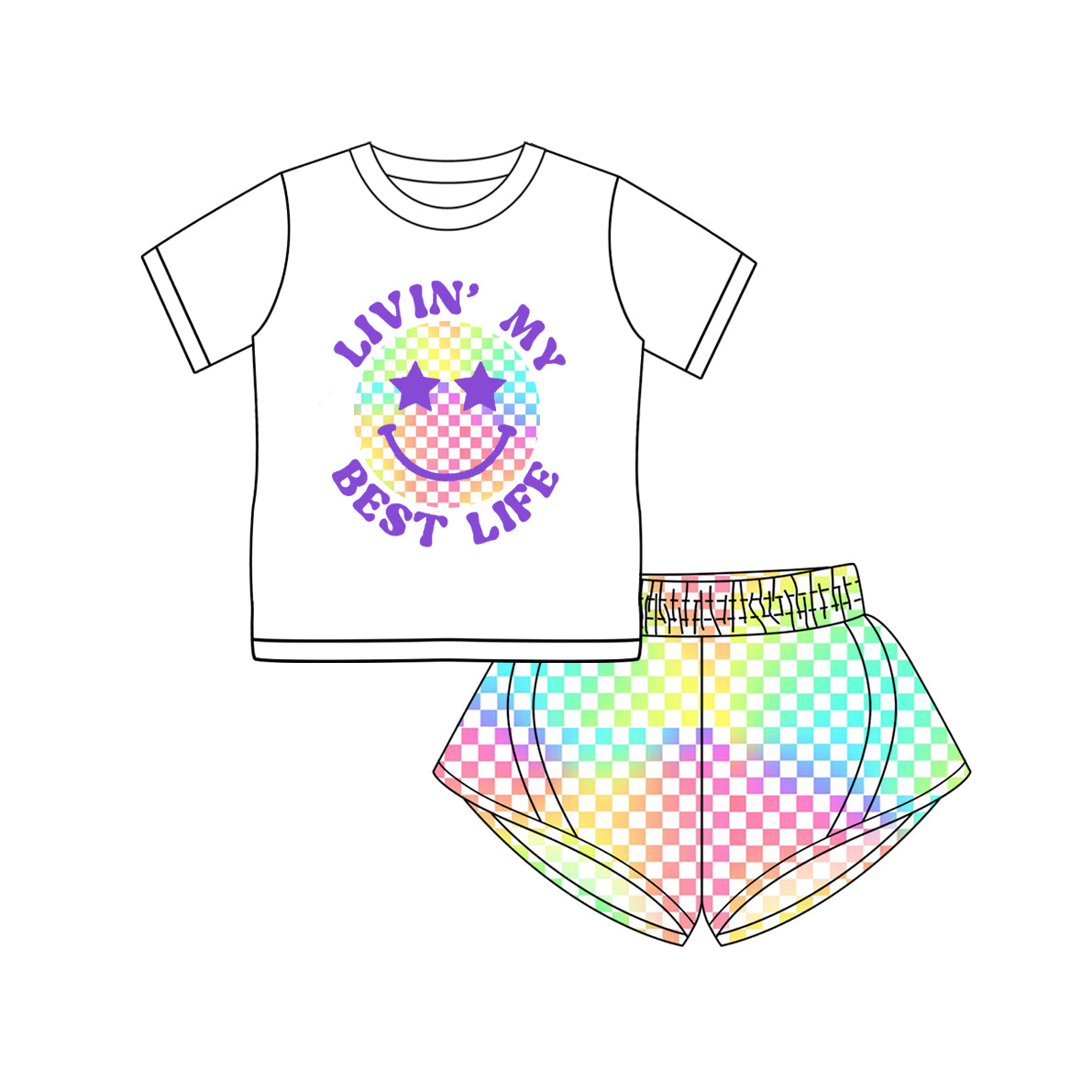 3.7(Custom Design Preorder MOQ 5 Each Design) Smiling Face Top Colorful Plaid Shorts Skirts Girls Summer Matching Clothes Sisters Wear