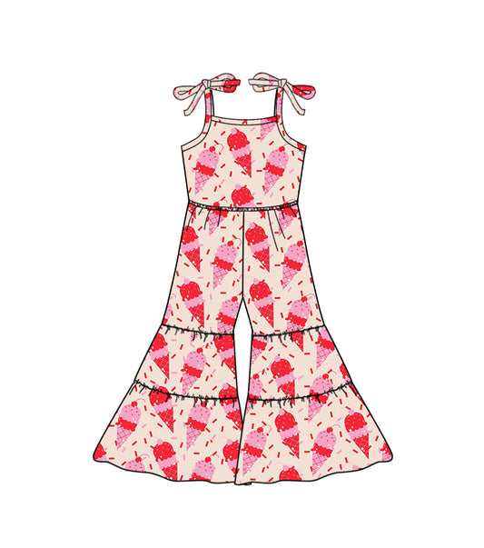 (Custom Design Preorder MOQ 5) Pink Ice Cream Cone Print Girls Jumpsuit