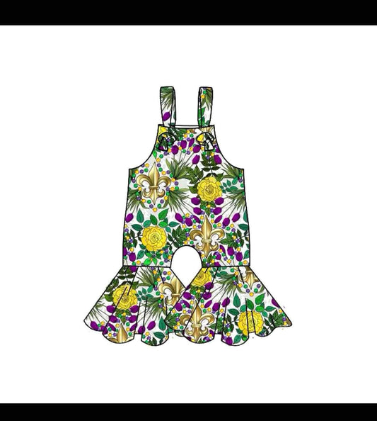 (Custom Design Preorder MOQ 5) Anchor Flowers Print Girls Mardi Gras Jumpsuits