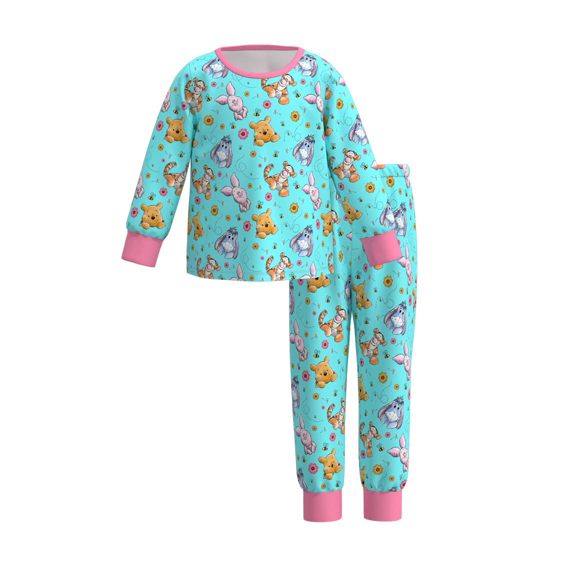 (Custom Design Preorder MOQ 5) Cartoon Bear Blue Print Girls Pajamas Clothes Set