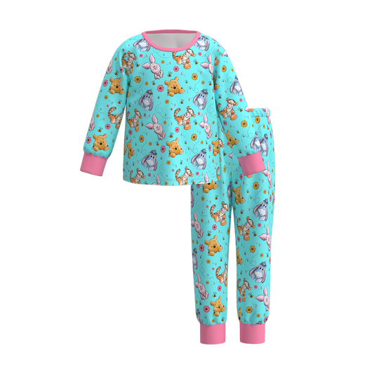 (Custom Design Preorder MOQ 5) Cartoon Bear Blue Print Girls Pajamas Clothes Set