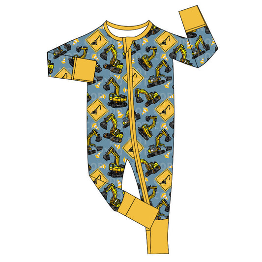 (Custom Design Preorder MOQ 5)  Construction Print Baby Boys Bamboo Fall Sleeper Zipper Romper