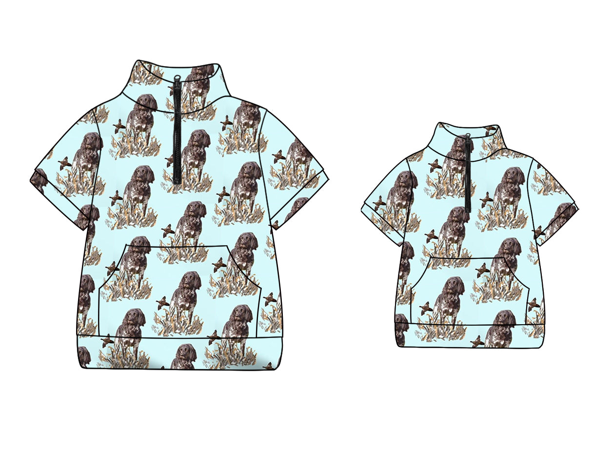 11.27(Custom Design Preorder MOQ 5 Each Design) Dog Duck Hunting Print Pullover Zipper Top Mom and Me Summer Matching Clothes