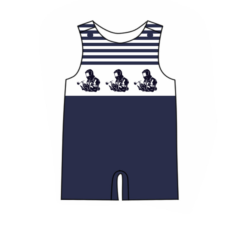 (Custom Design Preorder MOQ 5) Welder Navy Print Baby Boys Summer Romper