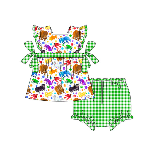 (Custom Design Preorder MOQ 5) What Can You See Colorful Animals Top Plaid Shorts Baby Girls Summer Bummie Sets