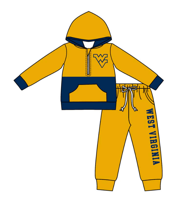 (Custom Design Preorder MOQ 5) Team's West Virginia Print Hoodie Zipper Top Pockets Pants Boys Fall Clothes Set