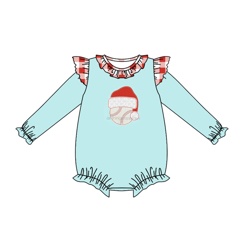 (Custom Design Preorder MOQ 5) Baseball Hat Blue Print Baby Girls Christmas Romper