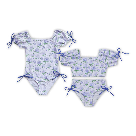Hydrangeas Purple Flowers Print Sister Summer Matching Swimsuits