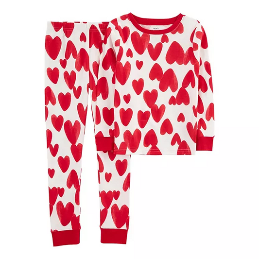 (Custom Design MOQ 5)  Red Heart Print Kids Valentine's Pajamas Clothes Set