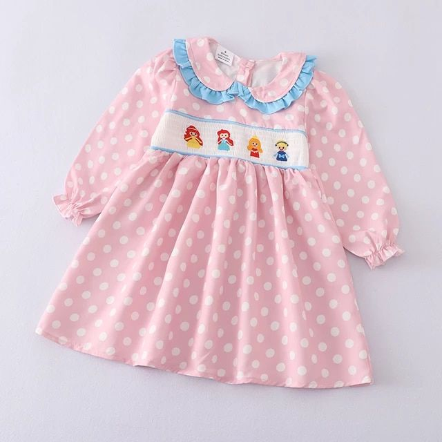 (Custom Design Preorder MOQ 5)  Pink Dots Cartoon Princess Print Girls Knee Length Dress