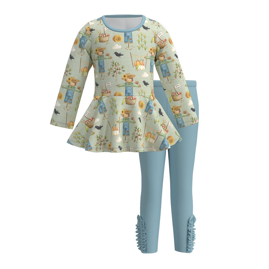 (Custom Design Preorder MOQ 5) Scarecrow Pumpkin Tunic Top Blue Pants Girls Fall Clothes Set