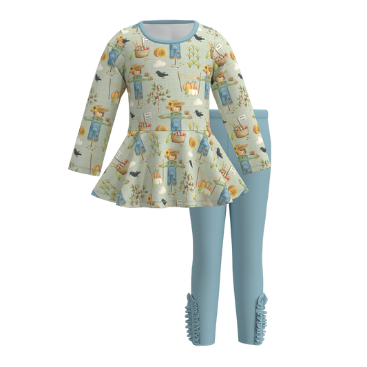 (Custom Design Preorder MOQ 5) Scarecrow Pumpkin Tunic Top Blue Pants Girls Fall Clothes Set