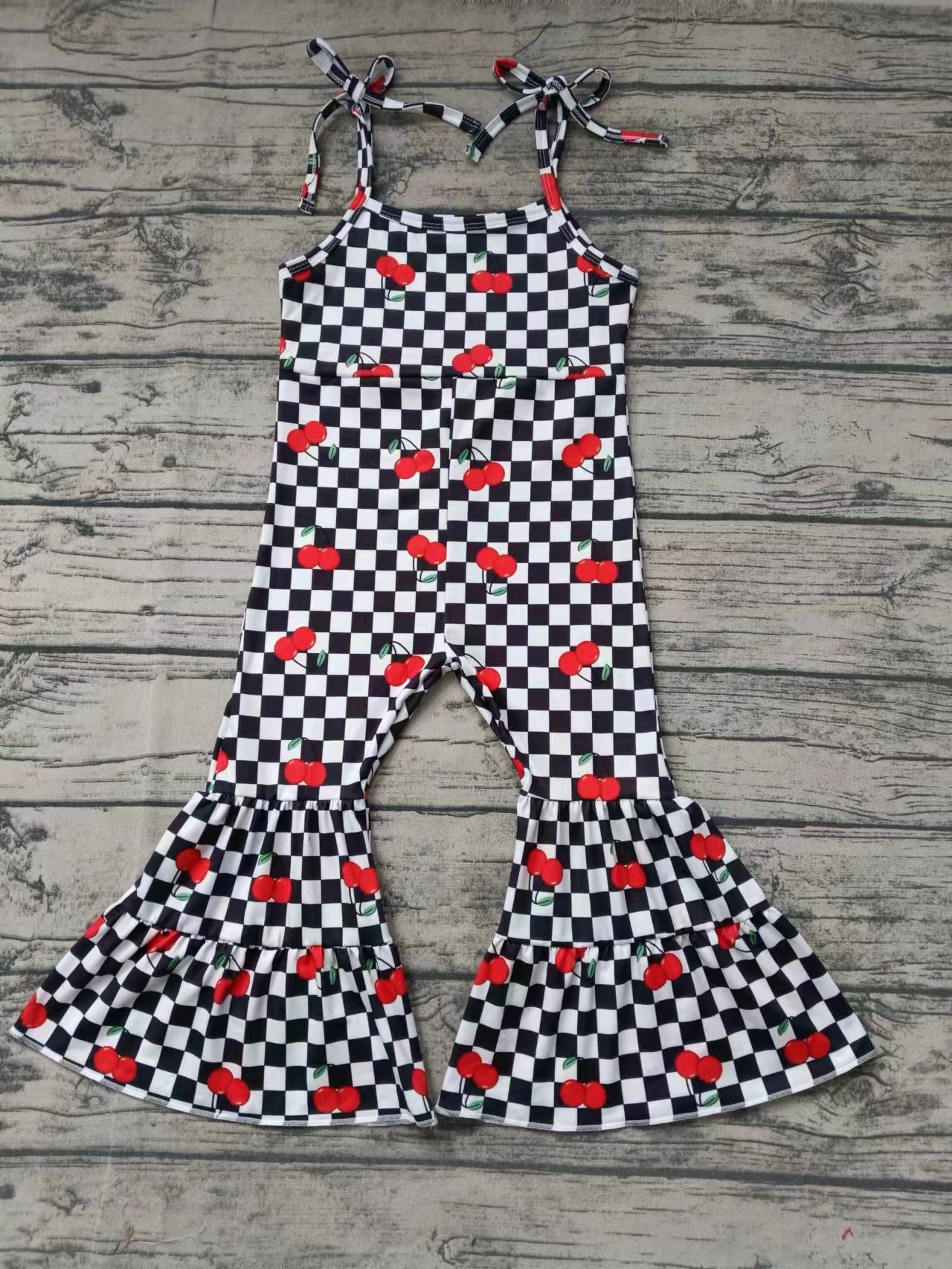 (Custom Design Preorder MOQ 5) Cherry Black Plaid Print Girls Summer Strap Jumpsuits