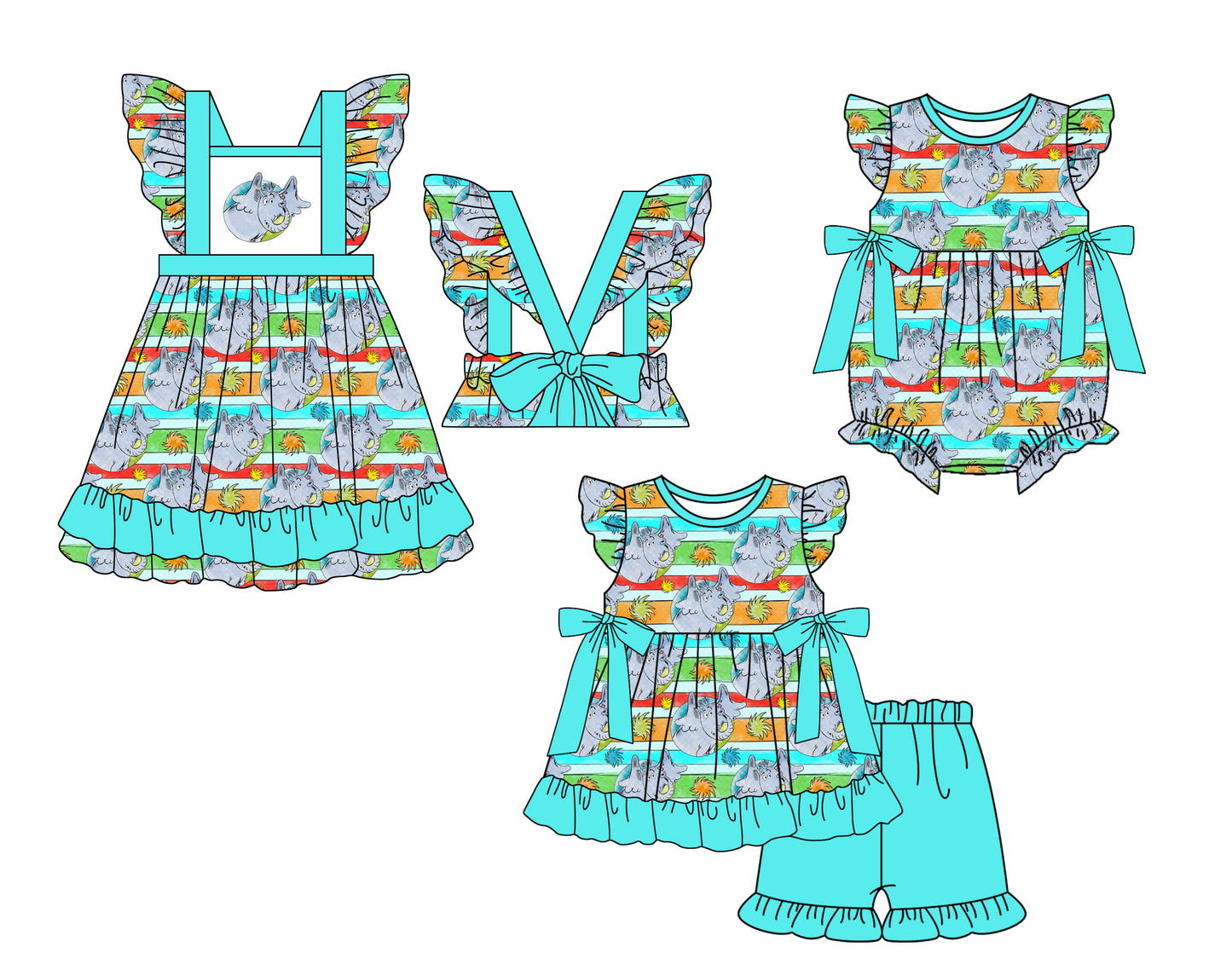 11.28(Custom Design Preorder MOQ 5 Each Design) Dr.Reading Elephant Print Girls Summer Matching Clothes Sisters Wear