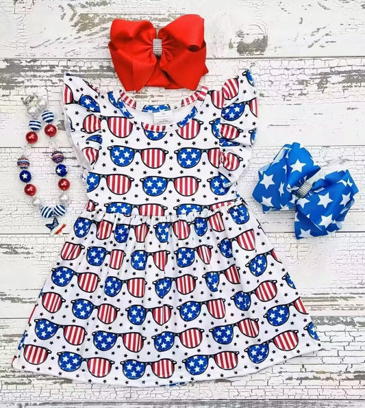 (Custom Design Preorder MOQ 5)   Stars Print Girls Knee Length 4th of July Dress