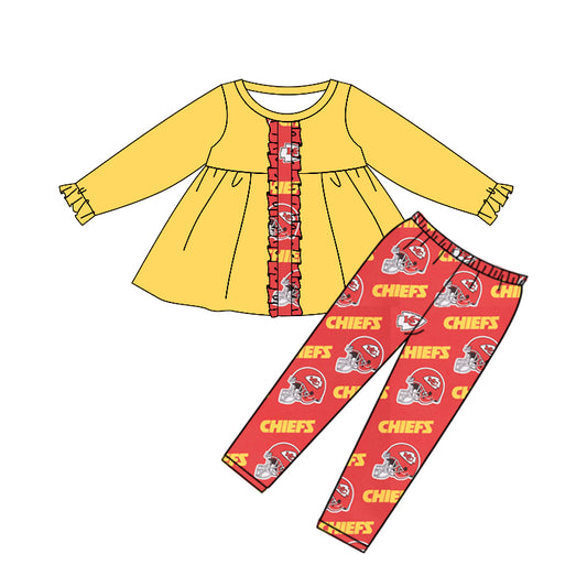 (Custom Design Preorder MOQ 5) Yellow Tunic Top Team's KC Red Pants Girls Fall Clothes Set