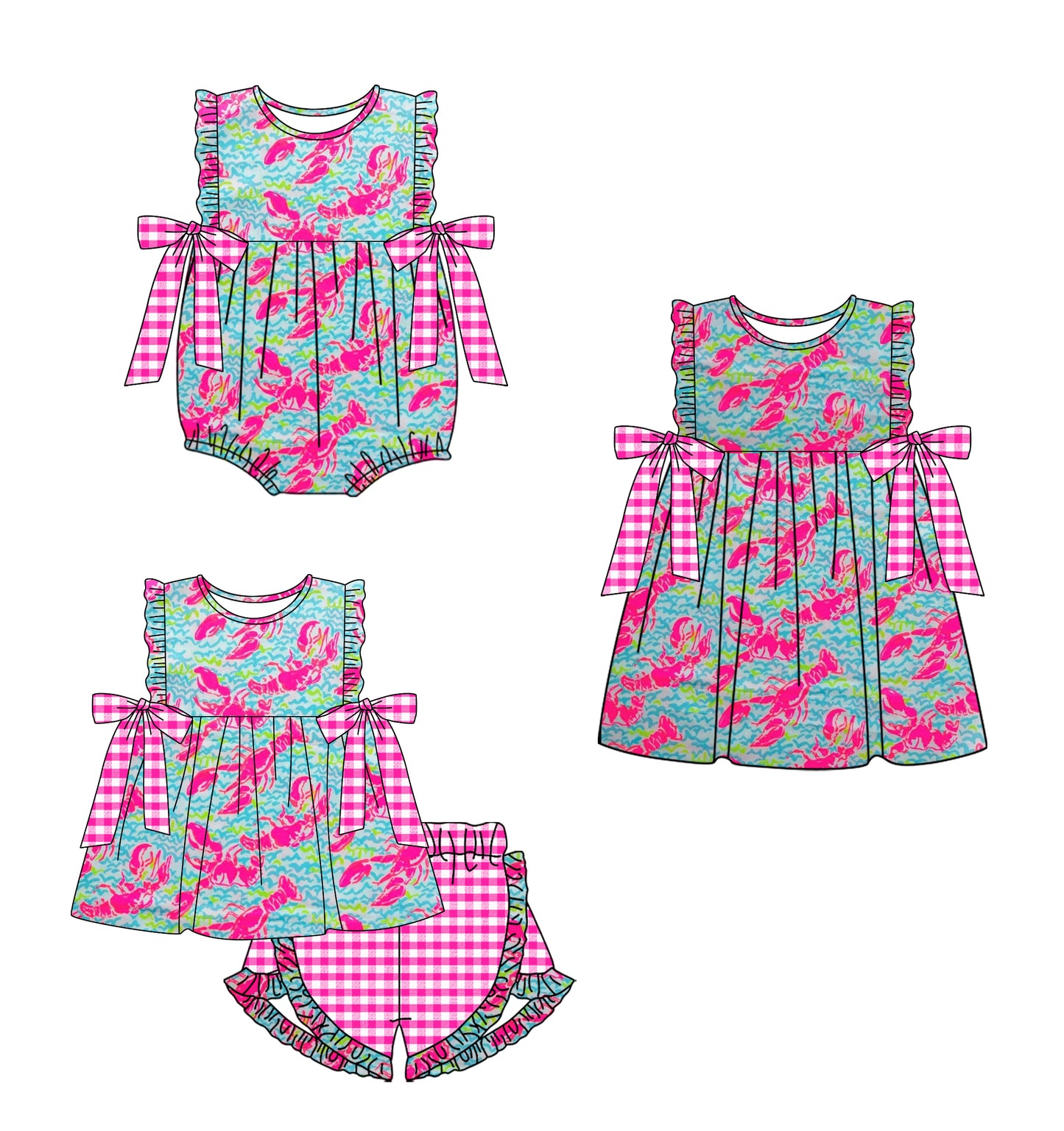 12.13(Custom Design Preorder MOQ 5 Each Design) Crayfish Hot Pink Print Girls Summer Matching Clothes Sisters Wear