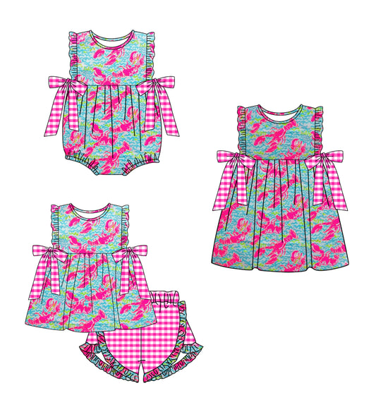 12.13(Custom Design Preorder MOQ 5 Each Design) Crayfish Hot Pink Print Girls Summer Matching Clothes Sisters Wear