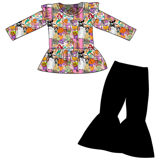 (Custom Design Preorder MOQ 5) Cartoon Princess Top Black Bell Pants Girls Clothes Set