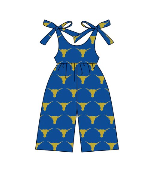 (Custom Design Preorder MOQ 5 ) Team's Cow Blue Print Girls Summer Jumpsuits