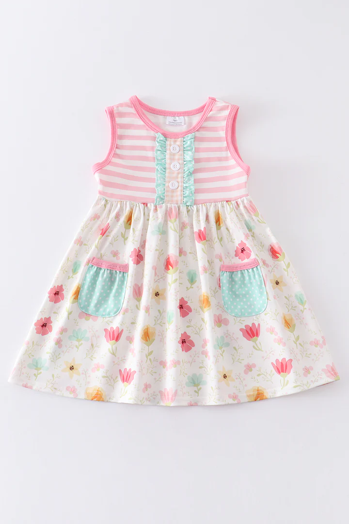 (Custom Design Preorder MOQ 5) Flowers Pockets Girls Summer Knee Length Dress