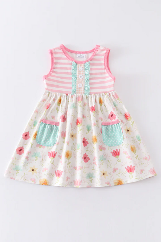 (Custom Design Preorder MOQ 5) Flowers Pockets Girls Summer Knee Length Dress