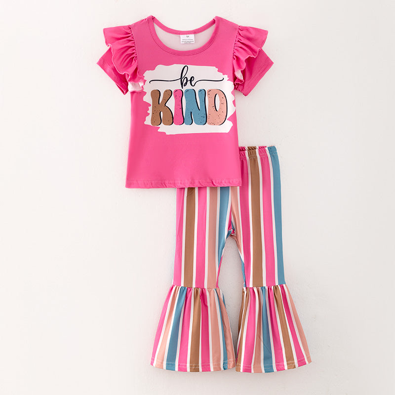 (Custom Design Preorder MOQ 5) Be Kind Top Stripes Bell Pants Girls Clothes Set