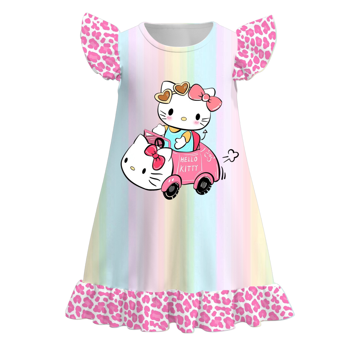 (Custom Design Preorder MOQ 5)  Cartoon Cat Print Girls Knee Length Summer Dress